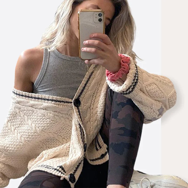 2023 S-XL Autumn Handmade Women Knitted Cropped Cardigan Coarse Yarn Multicolor V -neck Slight Strech Y2k Sweaters for Women