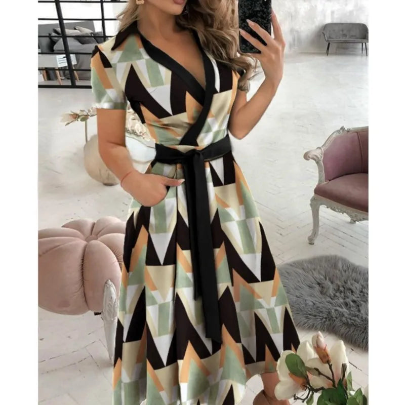 2023 Summer New Solid Color Fashion Temperament Fresh Sweet Elegant Pullover V-Neck Mid Waist Wave Dot Printed Dress For Women