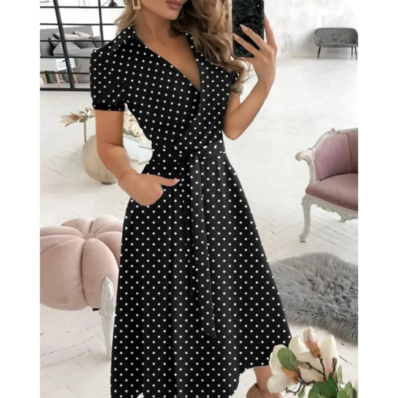 2023 Summer New Solid Color Fashion Temperament Fresh Sweet Elegant Pullover V-Neck Mid Waist Wave Dot Printed Dress For Women