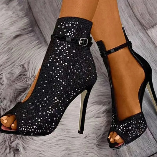 2023 Women Pumps Ankle Crystal High Heels Heel Black Shoes Straps Pumps Ladies Party Sandals Zapatillas Mujer Zapatillas Mujer