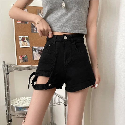 3 Sizes S-l Irregular Button Fly High Waist All Match Summer  Slim Straight Simple Denim Women Shorts