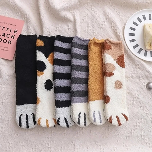 6 Pairs Cat Claw Plush Socks Coral Fleece Cute Autumn and Winter Women's Socks