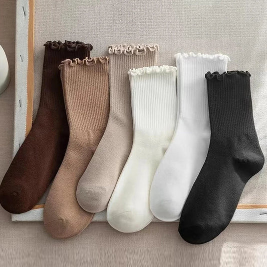 6 Pairs/Lot Women's Ruffled Mid Length Socks Breathable Solid Color Set Spring And Autumn Comfort Sweat-absorbing Girls' Socks